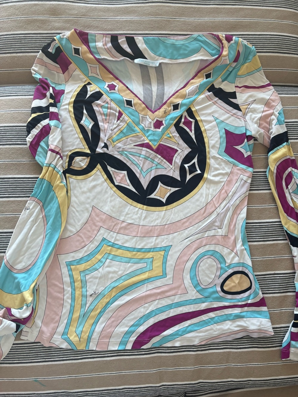 Emilio Pucci Long Sleeve V-Neck Top in Teal, Pink, Yellow, Black